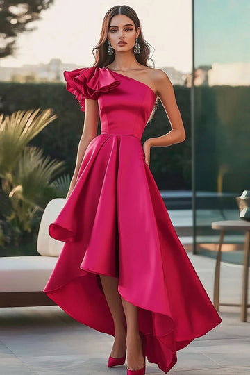 Fuchsia One Shoulder High-Low Satin A Line Formal Dress